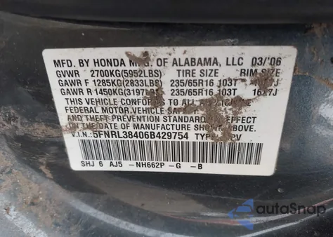 2006 Honda Odyssey Ex z USA, uszkodzony, nr VIN 5FNRL38406B429754
